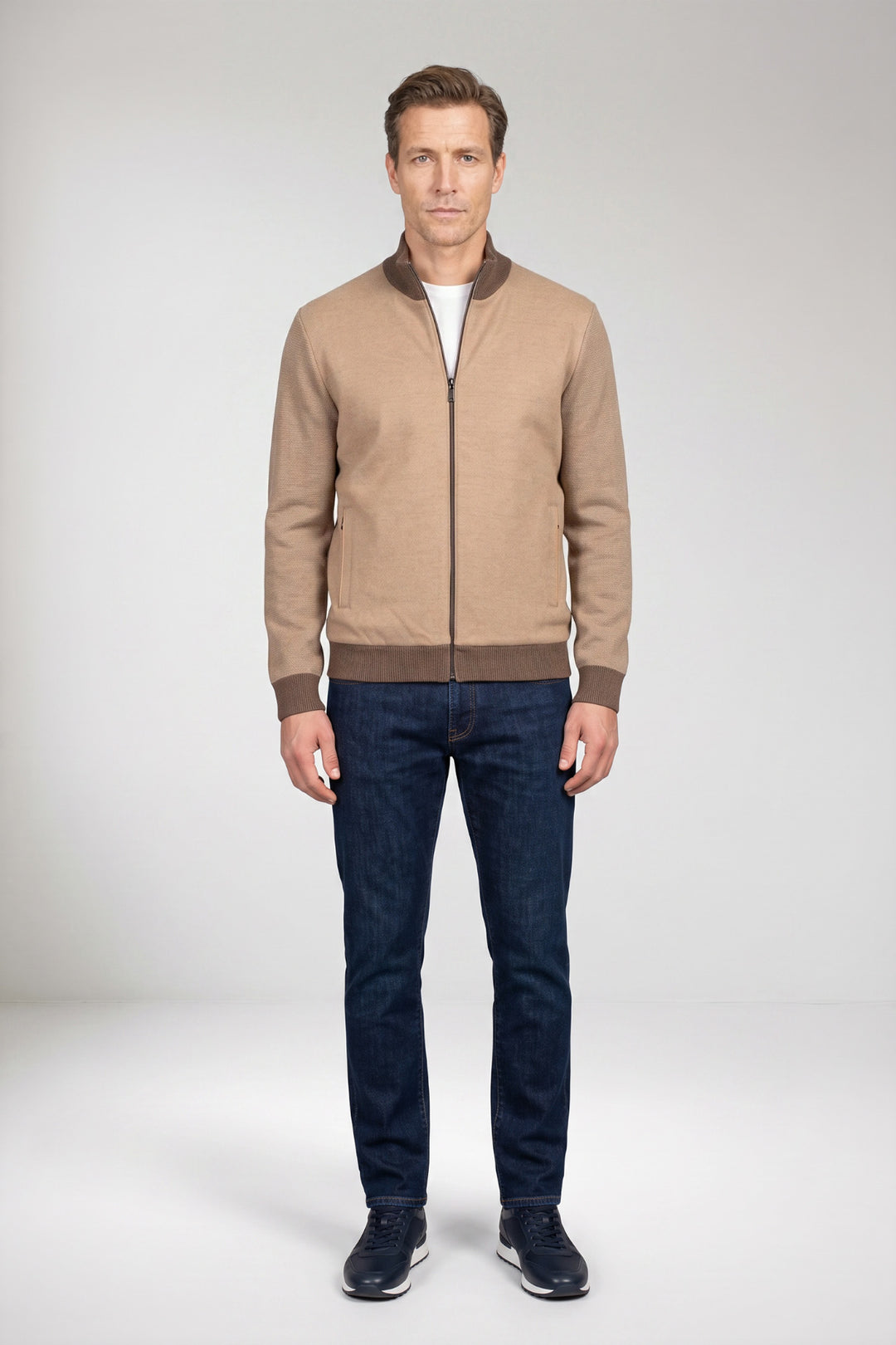 Cotton-Cashmere Textured Cardigan - Beige