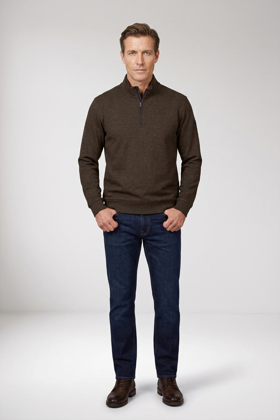 Katoenen Half-Zip Sweater - Bruin