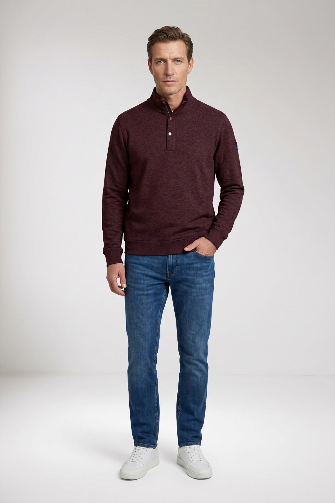 Cotton Half-Zip Snap-Button Sweater - Bordeaux