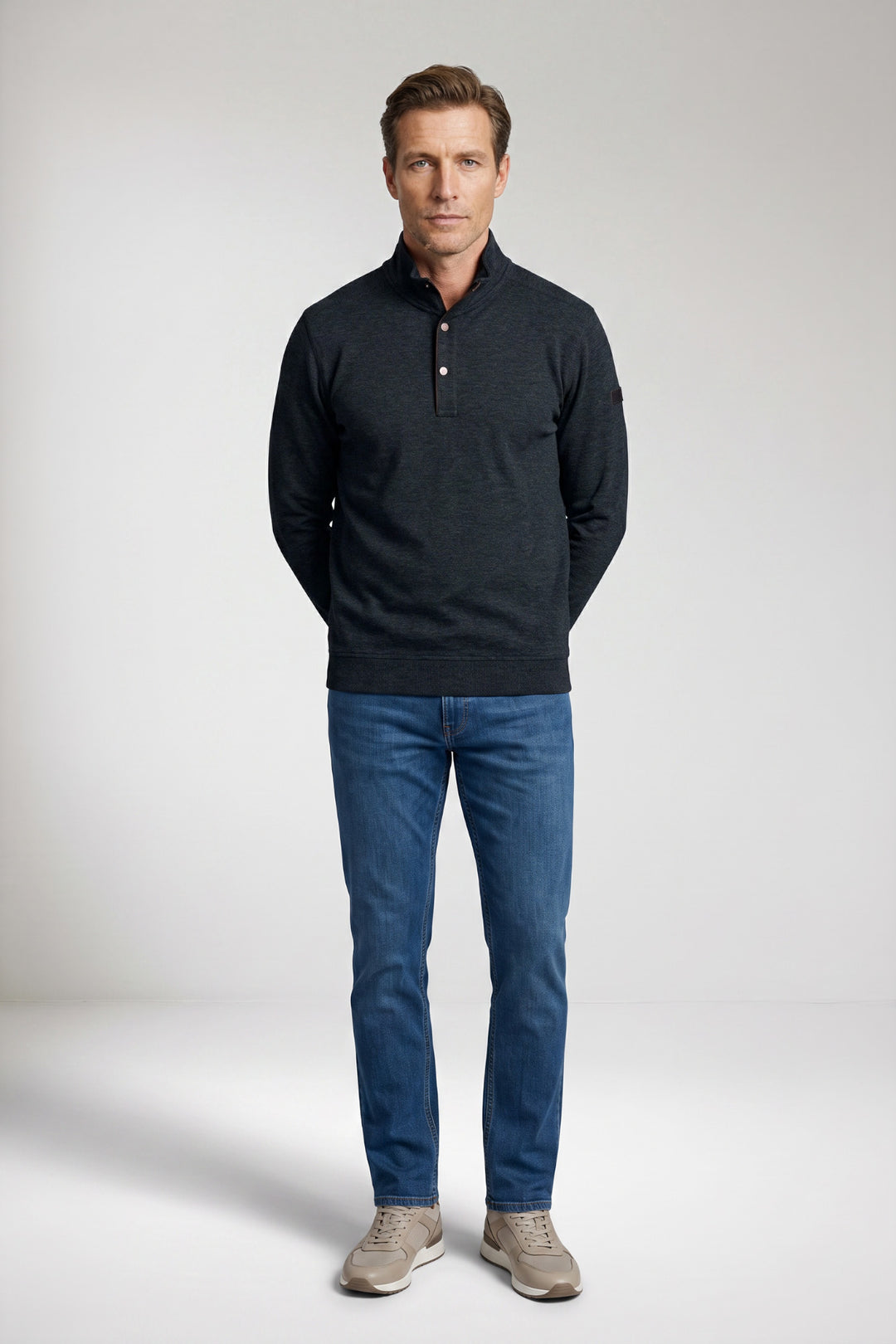 Cotton Half-Zip Snap-Button Sweater - Blue