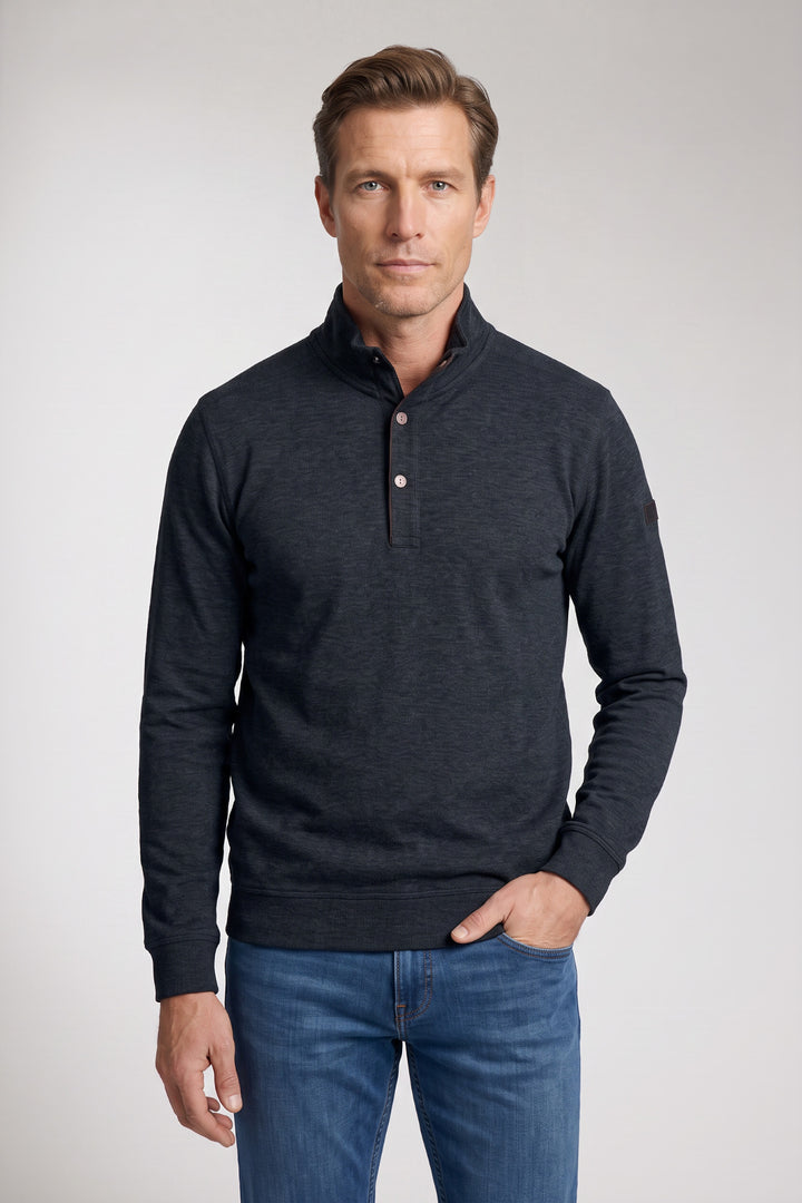 Cotton Half-Zip Snap-Button Sweater - Blue