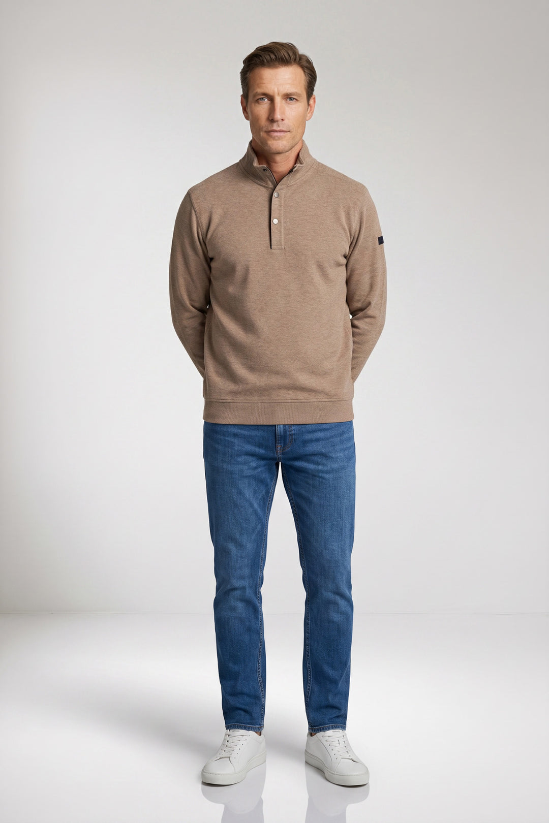Cotton Half-Zip Snap-Button Sweater - Taupe