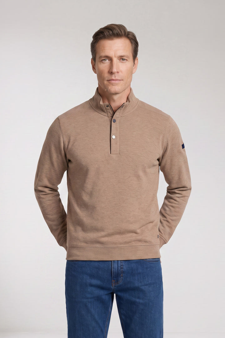 Cotton Half-Zip Snap-Button Sweater - Taupe