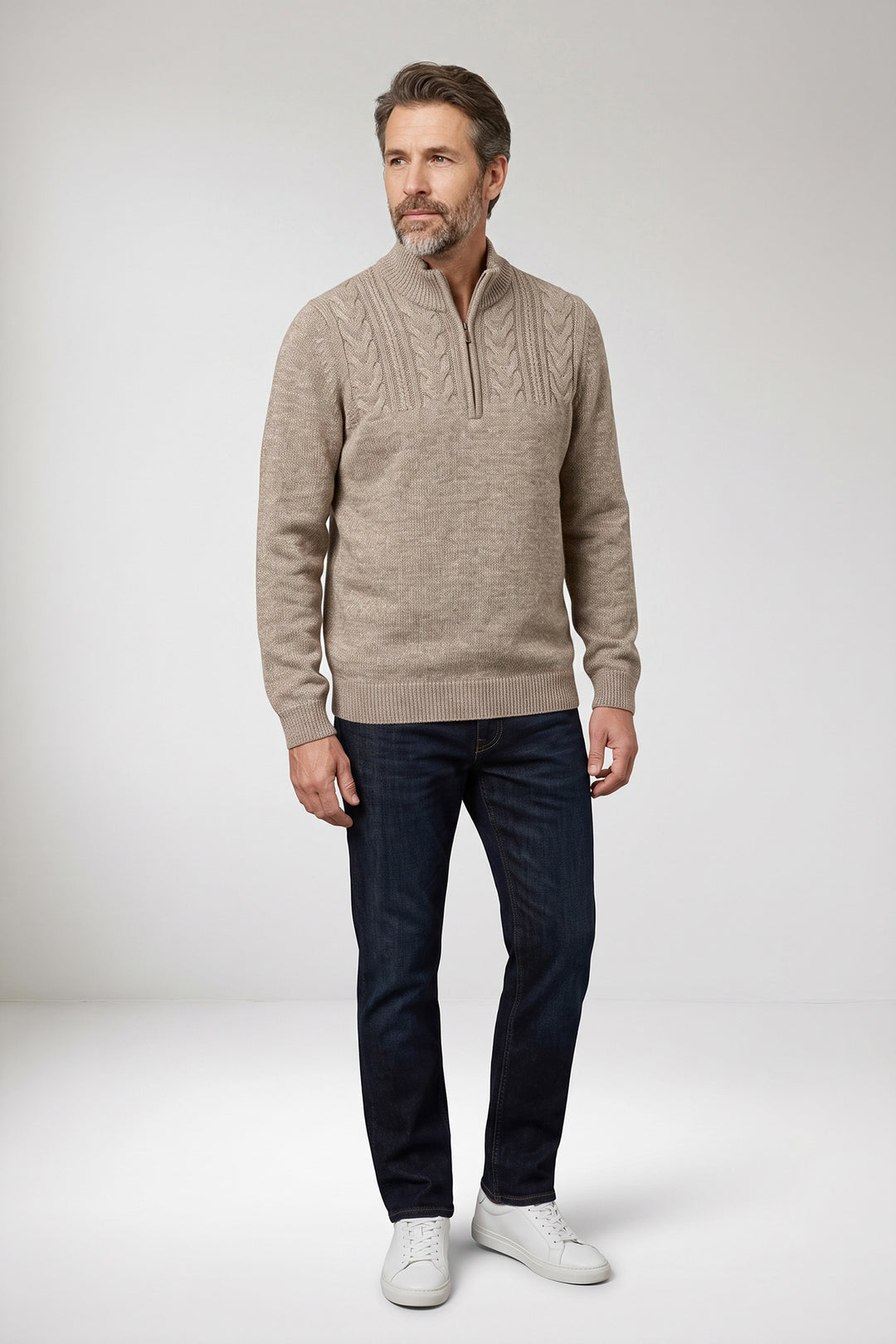 Half Zip Pullover met Kabelstructuur - Beige