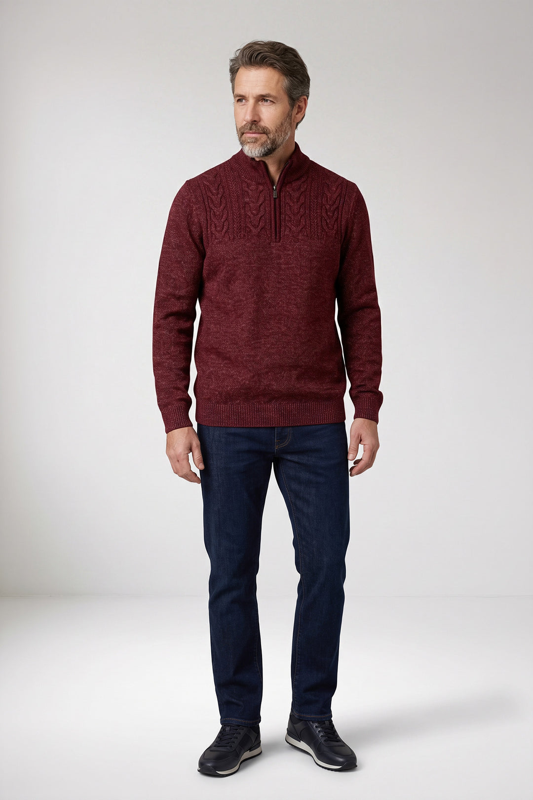 Half Zip Pullover met Kabelstructuur - Bordeaux