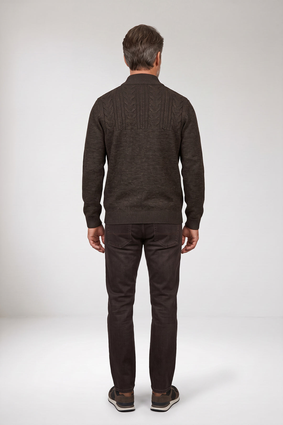 Cable Knit Half Zip Pullover - Brown