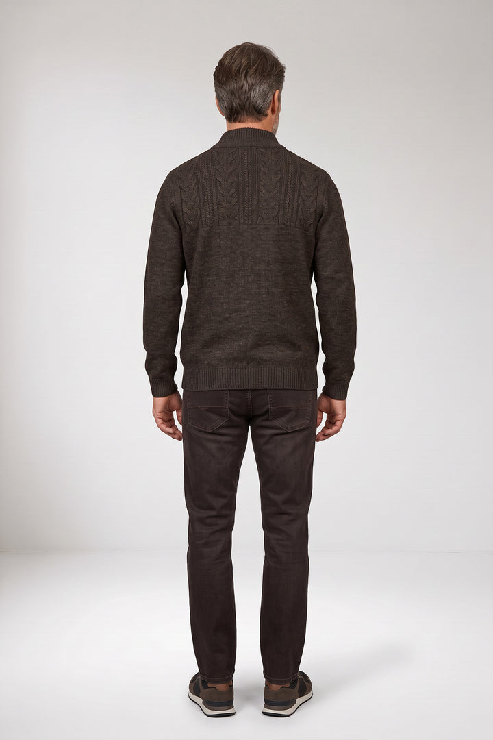 Cable Knit Half Zip Pullover - Brown
