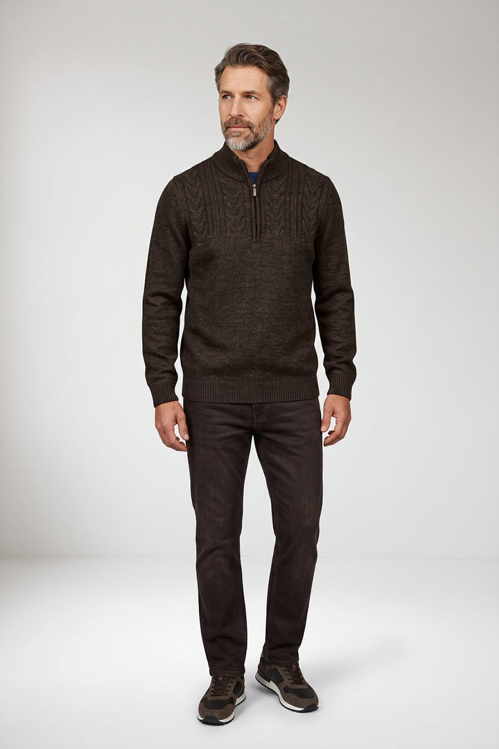 Cable Knit Half Zip Pullover - Brown