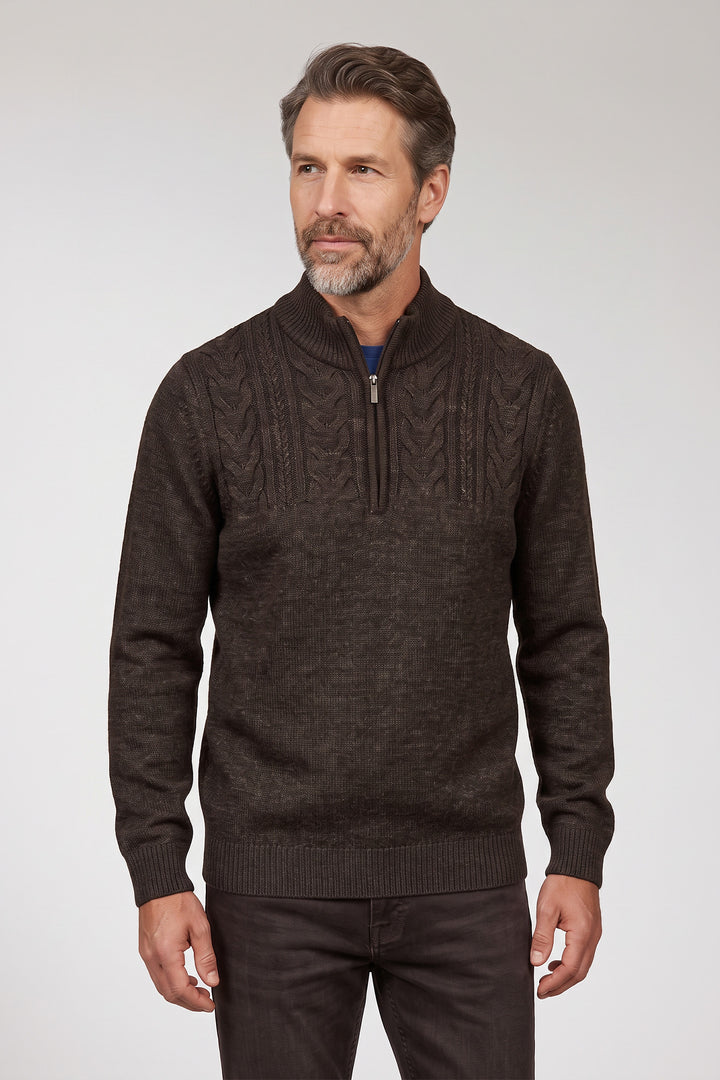 Cable Knit Half Zip Pullover - Brown