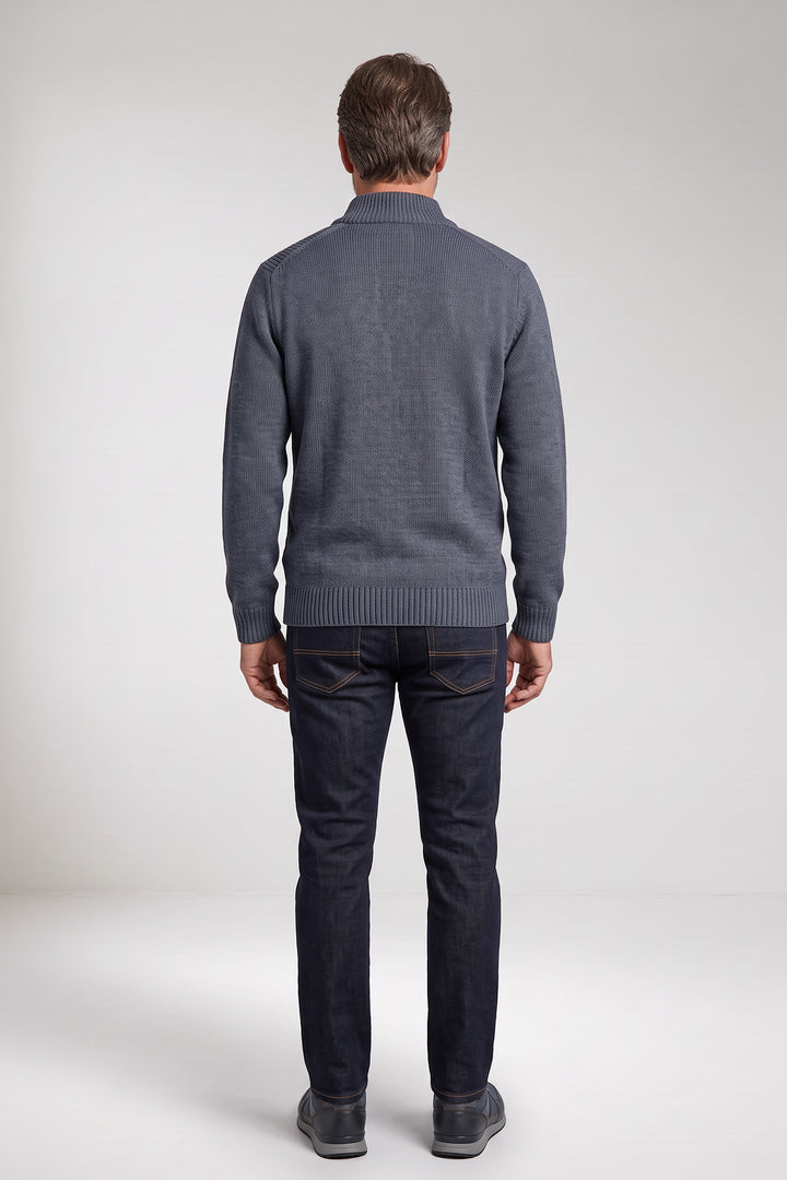 Cotton Blend Half-Zip Pullover - Mid Blue