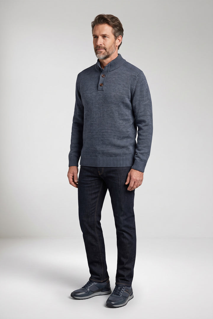 Cotton Blend Half-Zip Pullover - Mid Blue