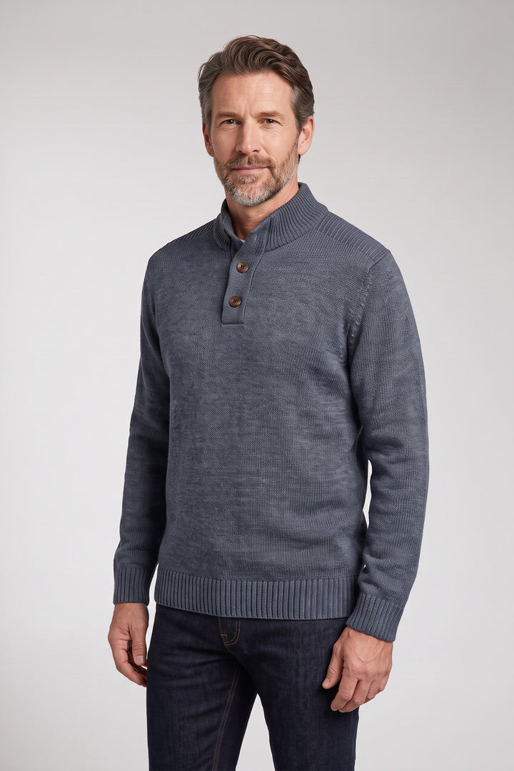 Cotton Blend Half-Zip Pullover - Mid Blue