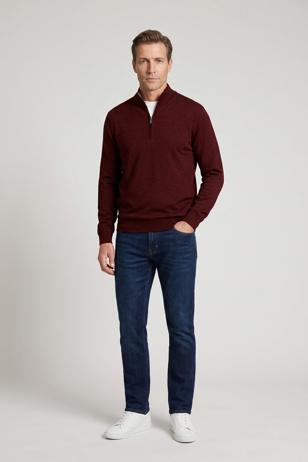 Katoen-Cashmere Half-Zip Pullover - Bordeaux