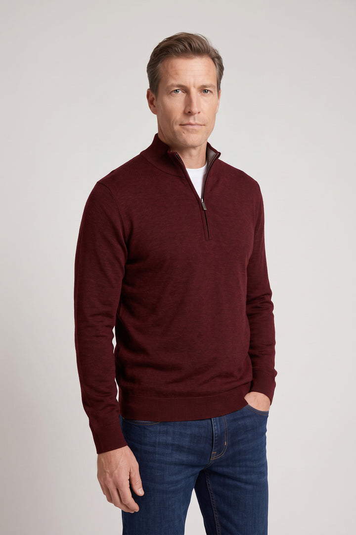Katoen-Cashmere Half-Zip Pullover - Bordeaux