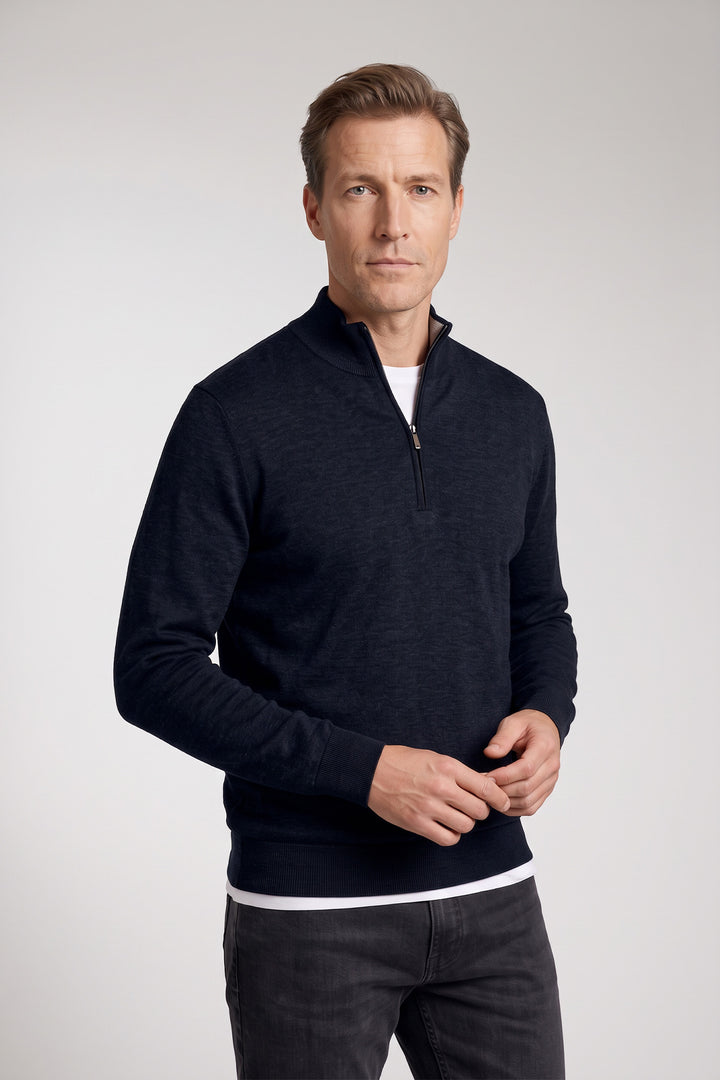 Katoen-Cashmere Half-Zip Pullover - Navy