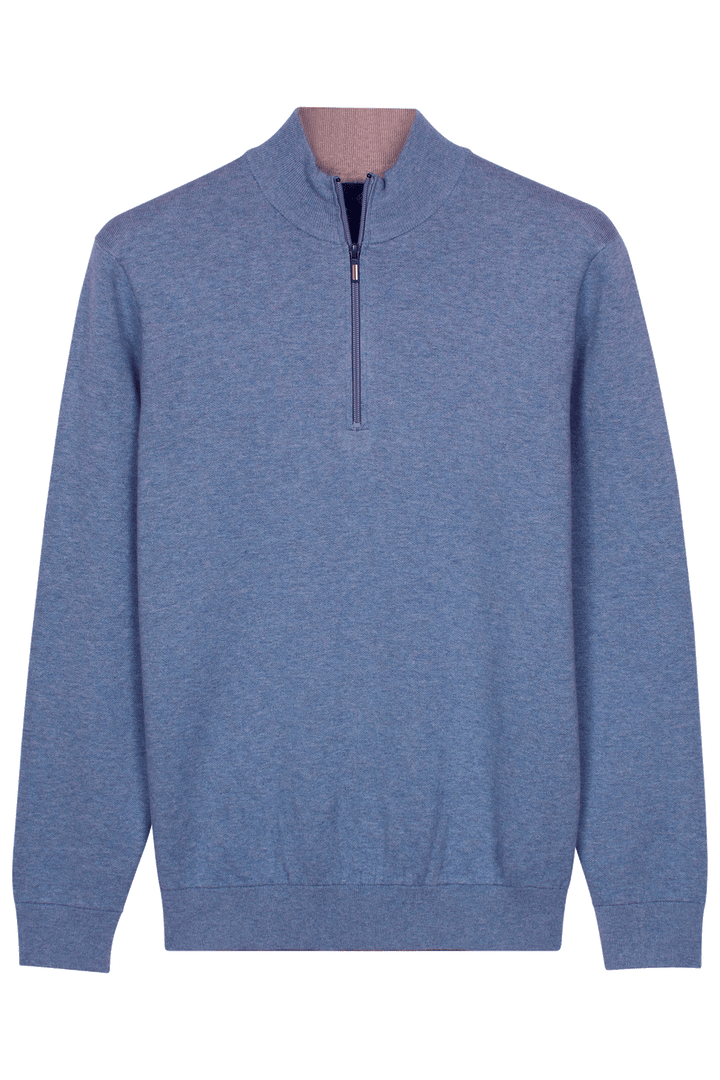 Katoen-Cashmere Half-Zip Pullover - Middenblauw