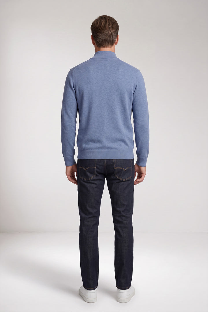 Katoen-Cashmere Half-Zip Pullover - Middenblauw