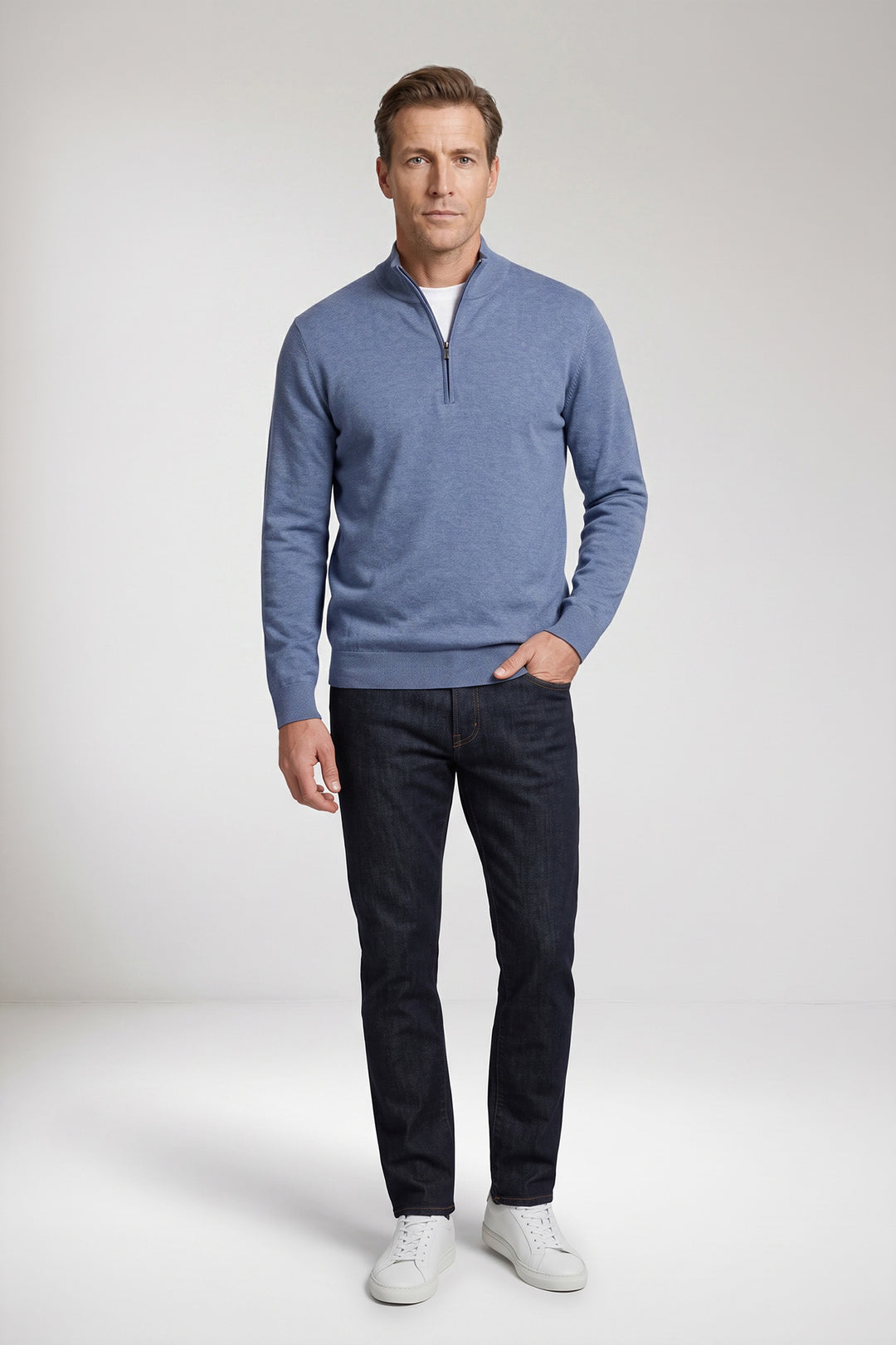 Katoen-Cashmere Half-Zip Pullover - Middenblauw