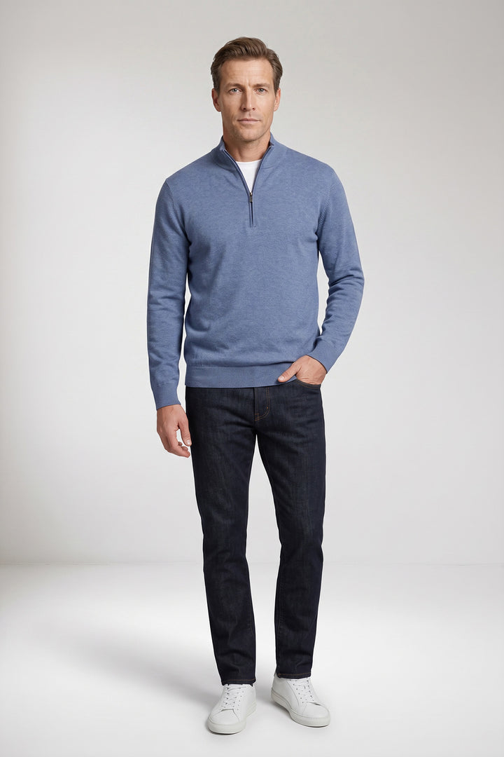 Katoen-Cashmere Half-Zip Pullover - Middenblauw