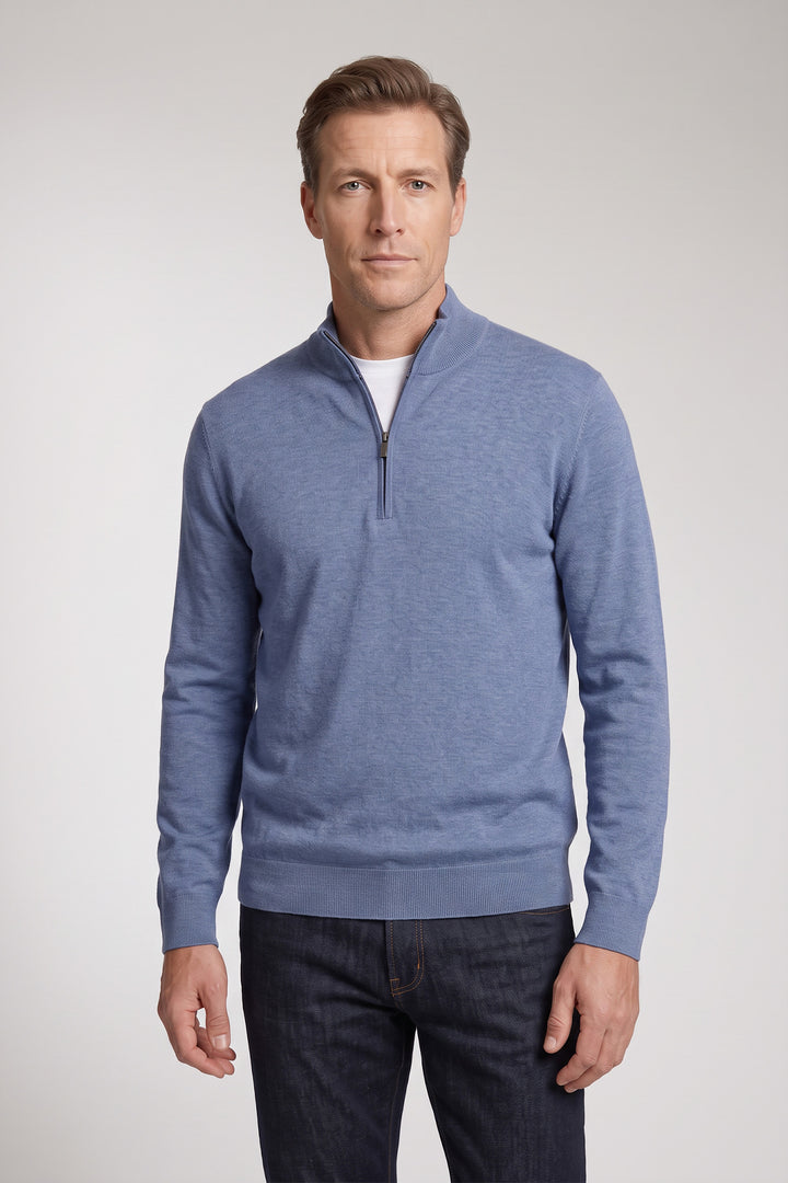 Katoen-Cashmere Half-Zip Pullover - Middenblauw