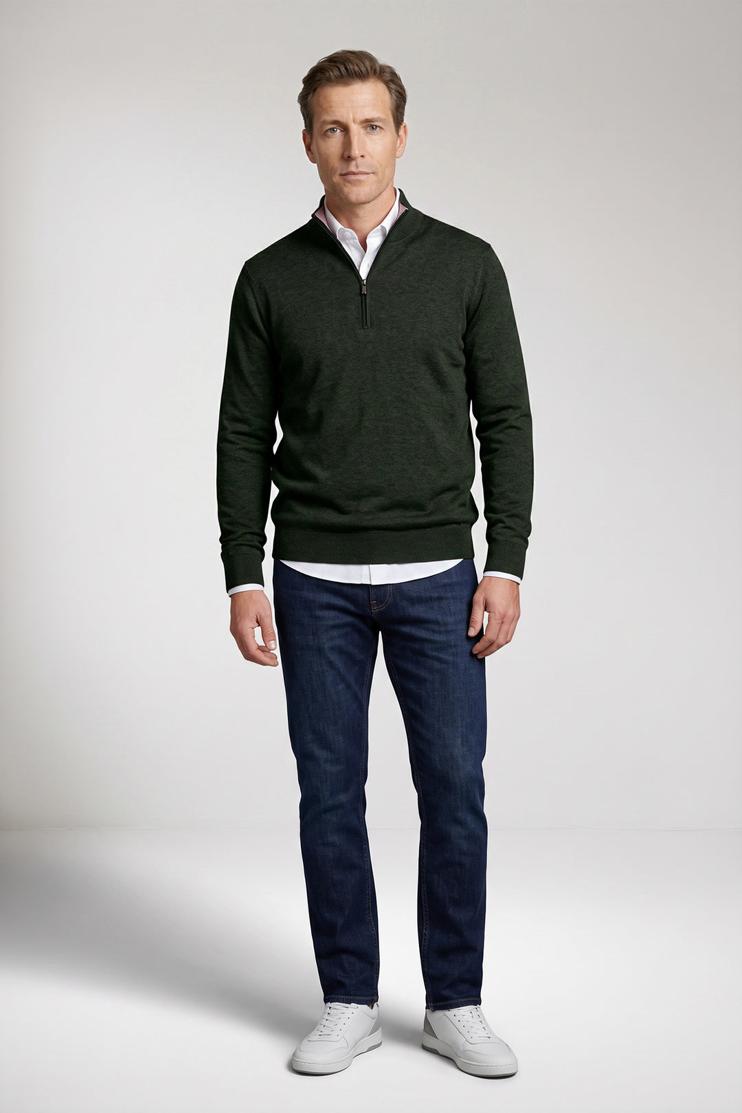 Katoen-Cashmere Half-Zip Pullover - Groen