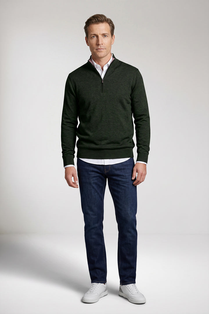 Katoen-Cashmere Half-Zip Pullover - Groen