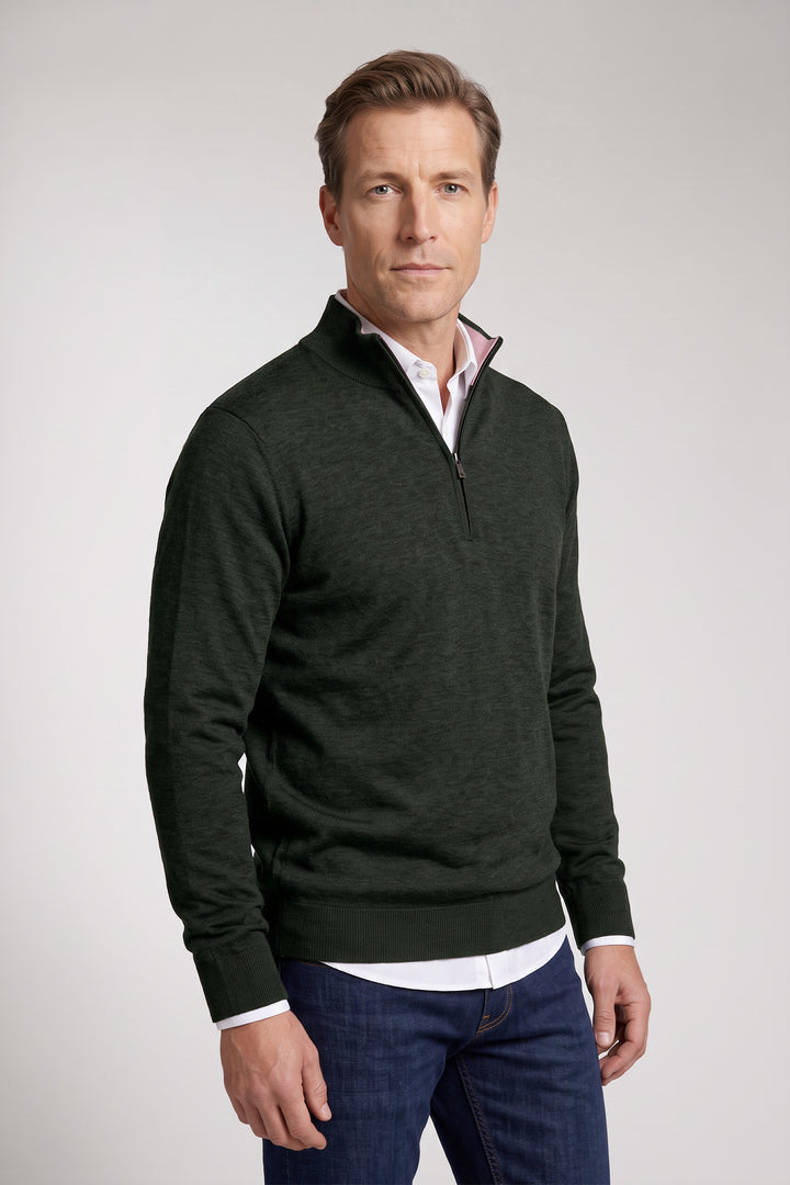 Katoen-Cashmere Half-Zip Pullover - Groen