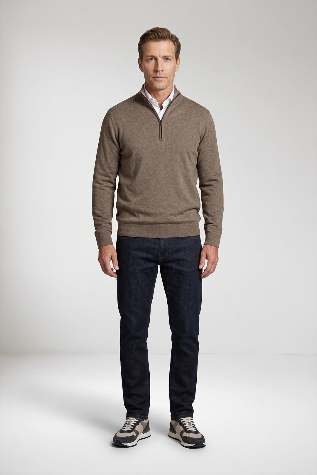 Katoen-Cashmere Half-Zip Pullover - Taupe