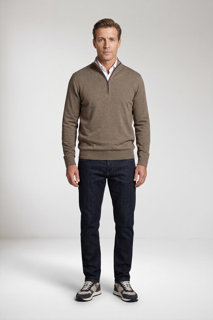 Katoen-Cashmere Half-Zip Pullover - Taupe