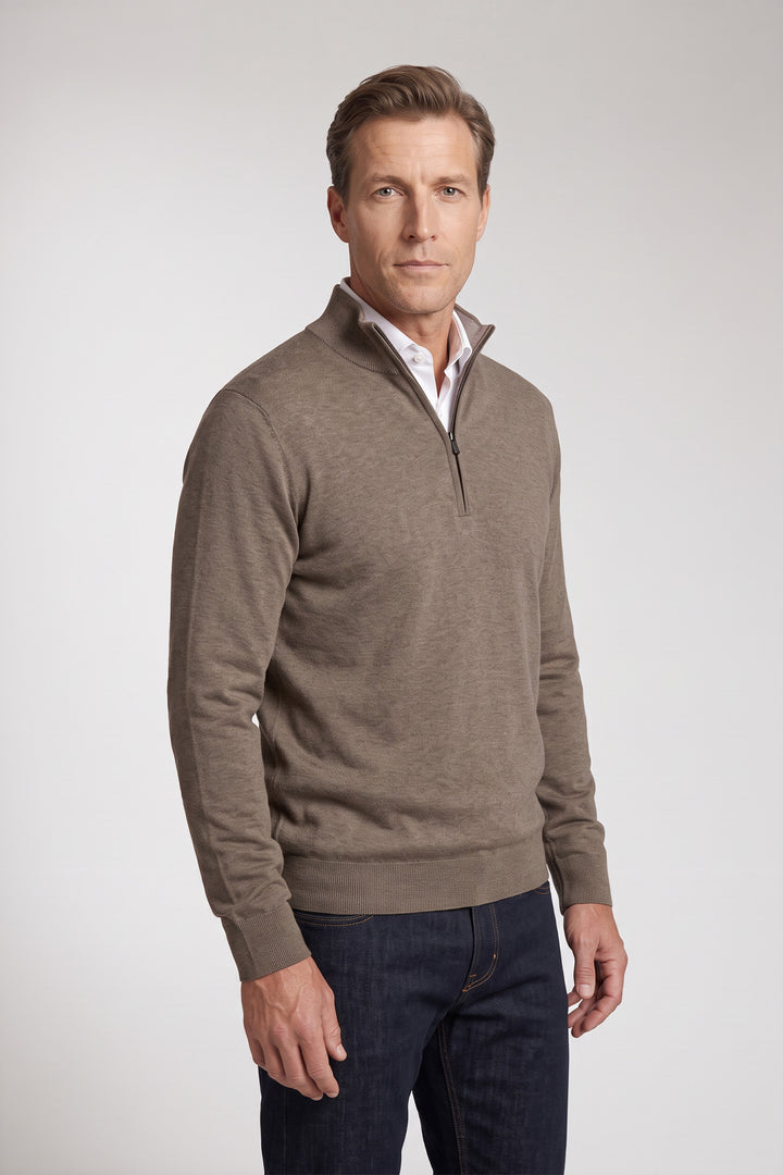 Katoen-Cashmere Half-Zip Pullover - Taupe