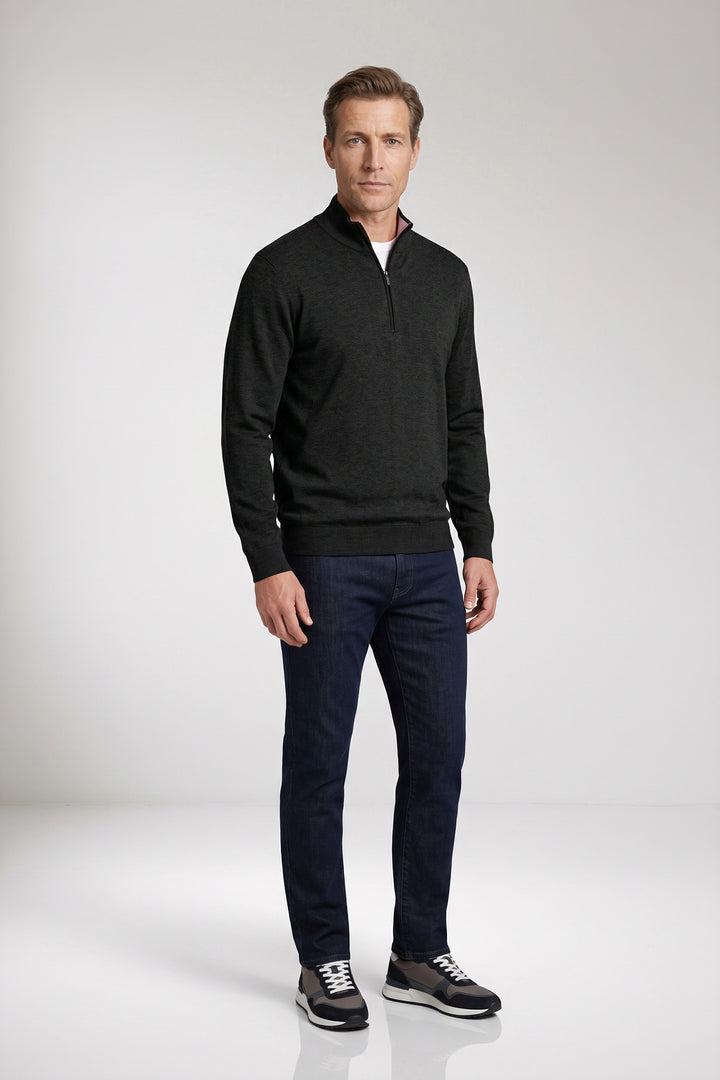 Katoen-Cashmere Half-Zip Pullover - Donkergrijs