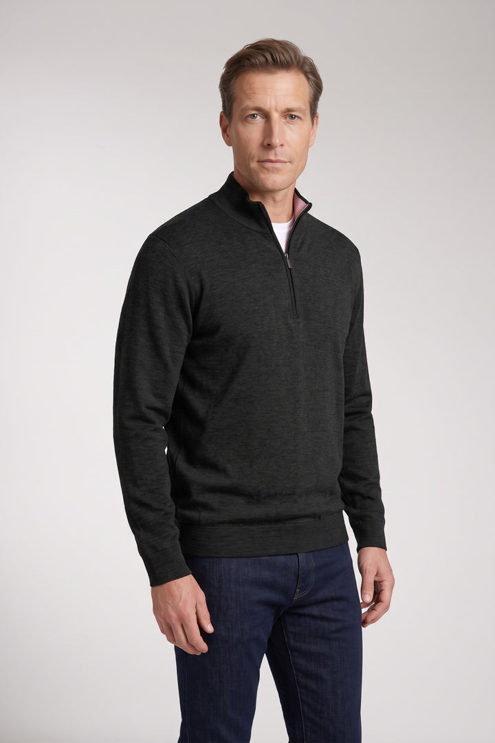Katoen-Cashmere Half-Zip Pullover - Donkergrijs